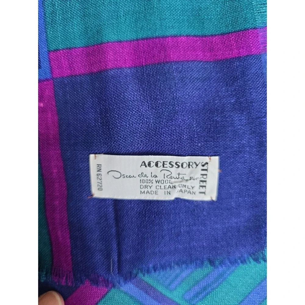 Oscar de la Renta Wool Scarf Square Stripe Teal Blue Purple Japan Fringe VTG Fla